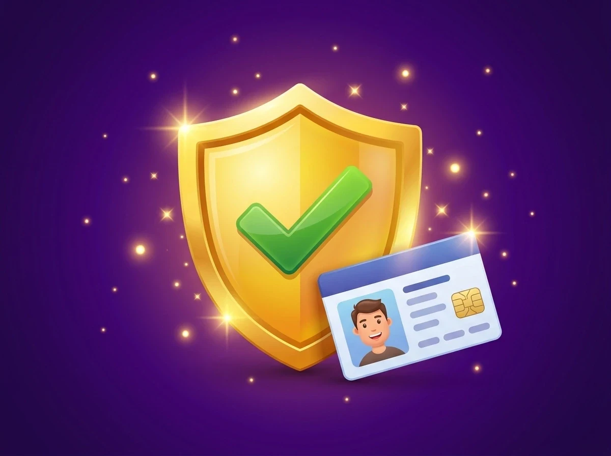 KYC verification — shield with checkmark and ID card